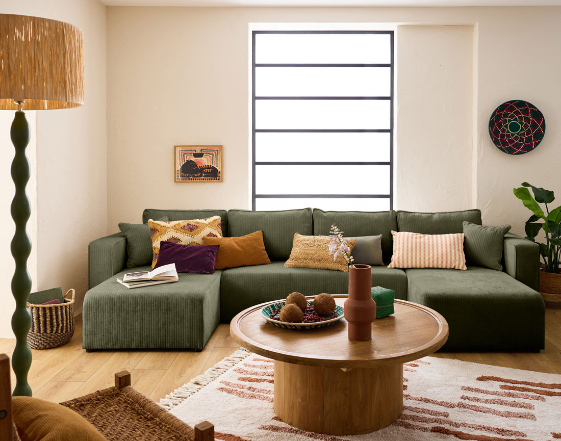 Canapé panoramique convertible avec coffre en velours côtelé plat Topaze