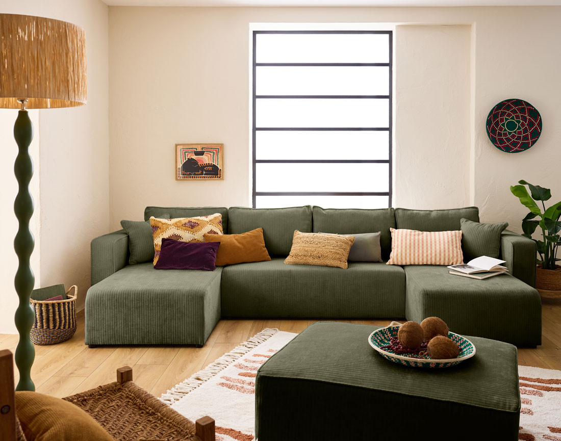 Canapé panoramique convertible avec coffre en velours côtelé plat Topaze