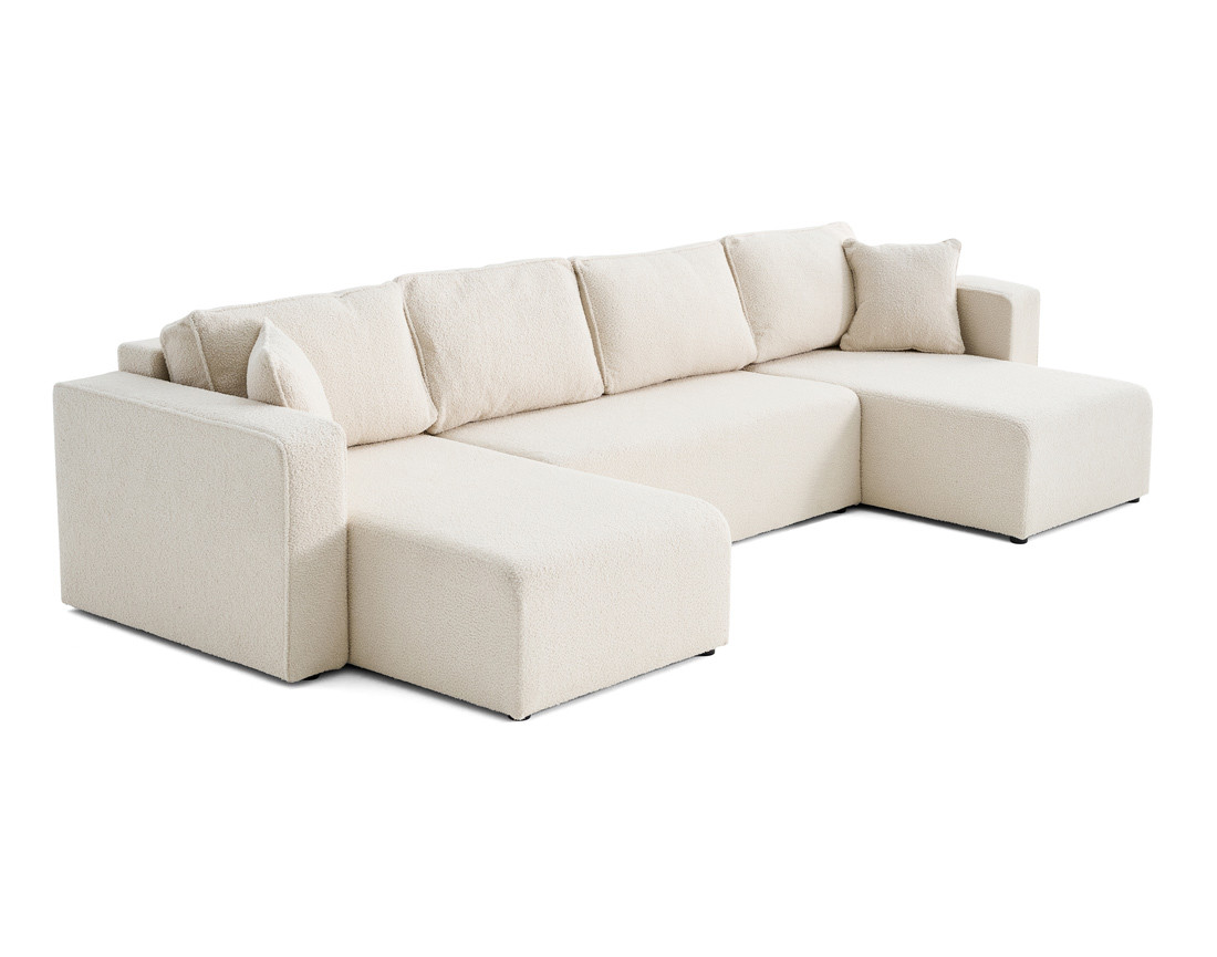 Canapé panoramique en U 7 places convertible avec coffre en tissu bouclette Topaze
