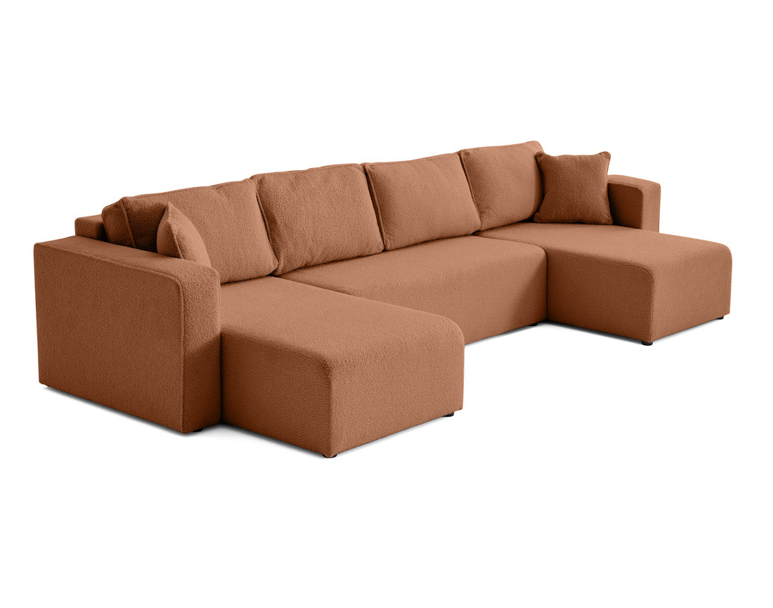 Canapé panoramique en U 7 places convertible avec coffre en tissu bouclette Topaze