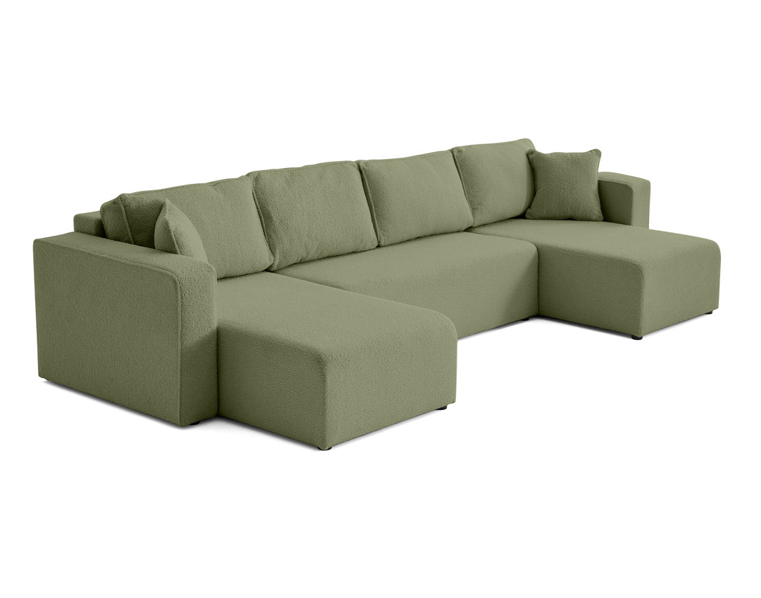 Canapé panoramique en U 7 places convertible avec coffre en tissu bouclette Topaze