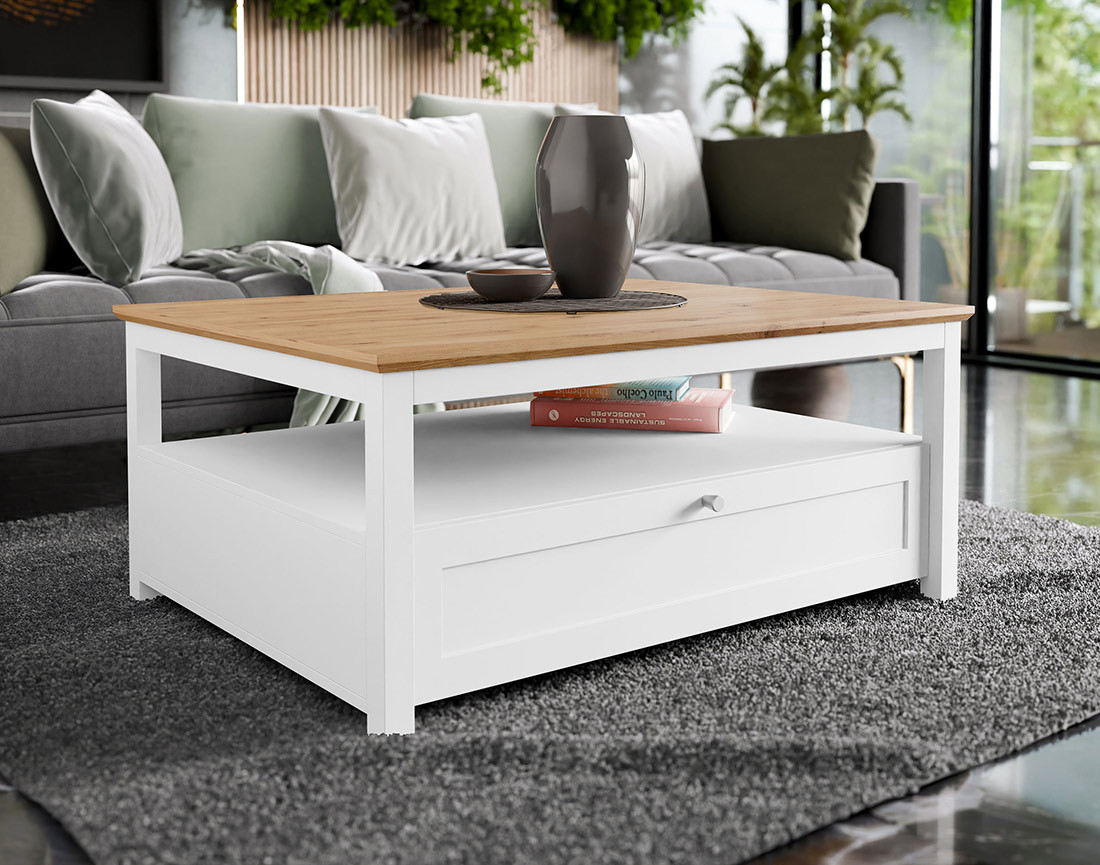 Table basse bois et blanc 1 tiroir et 1 niche 104 cm Francesco