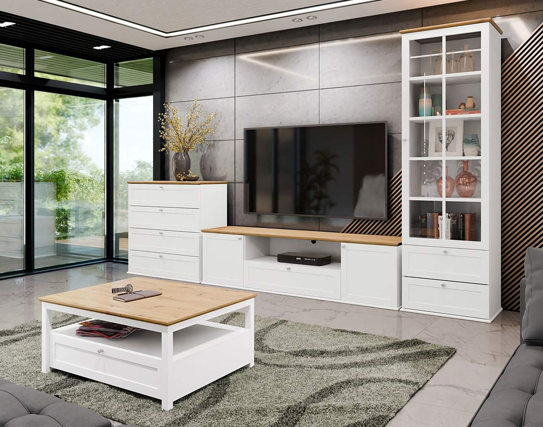 Table basse bois et blanc 1 tiroir et 1 niche 104 cm Francesco