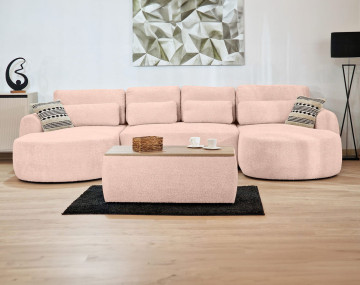 Canapé panoramique convertible avec coffre en tissu bouclette Mahina