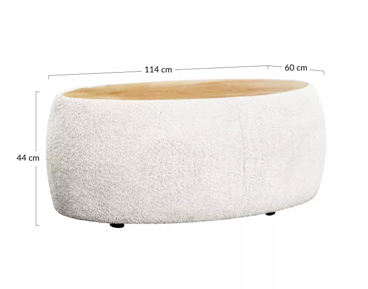 Table basse ovale en tissu bouclette et plateau en bois 114 cm Mahina