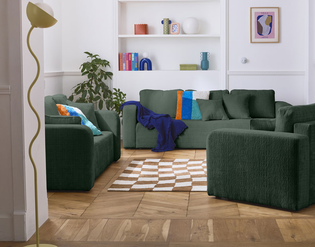 Canapé droit 3 places convertible avec coffre en velours texturé Miro