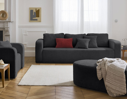 Canapé droit 3 places convertible avec coffre en velours texturé Miro