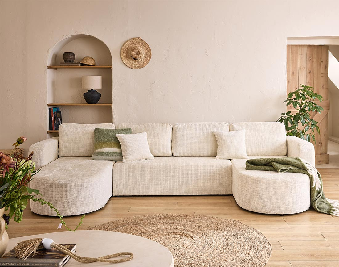 Canapé panoramique convertible avec coffre en velours texturé Miro