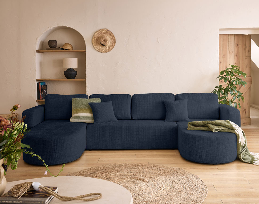 Canapé panoramique convertible avec coffre en velours texturé Miro