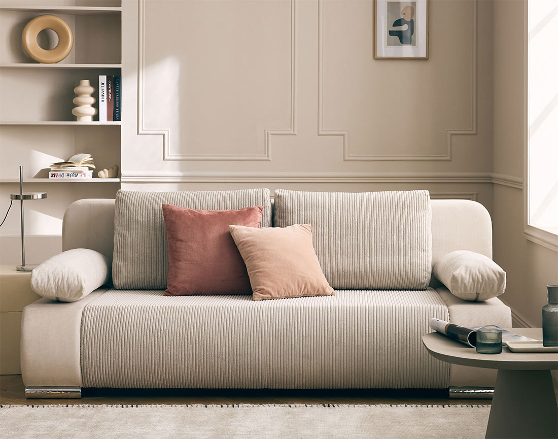 Canapé 3 places convertible avec coffre en velours et velours côtelé Elio Canapé 3 places convertible avec coffre en velours et velours côtelé Elio