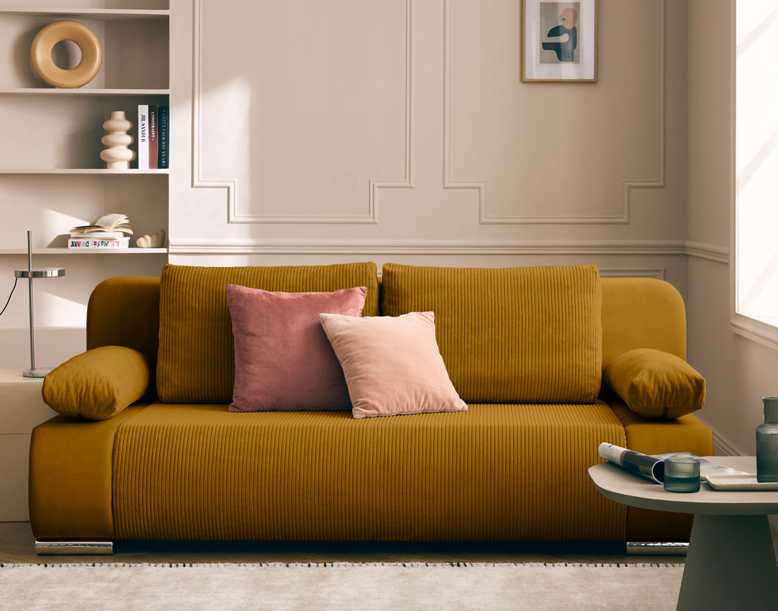 Canapé 3 places convertible avec coffre en velours et velours côtelé Elio