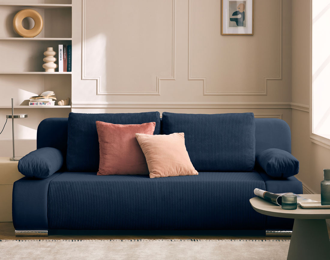 Canapé 3 places convertible avec coffre en velours et velours côtelé Elio