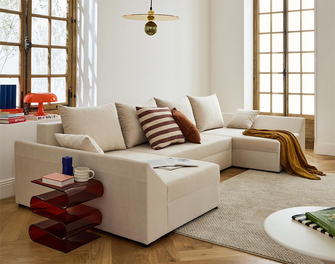 Canapé panoramique en U 7 places convertible avec coffre en velours Mike