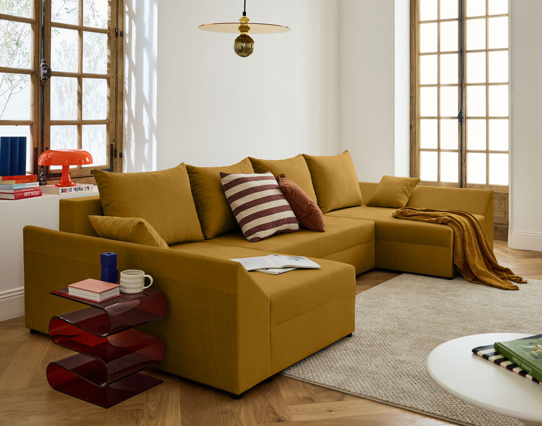 Canapé panoramique en U 7 places convertible avec coffre en velours Mike