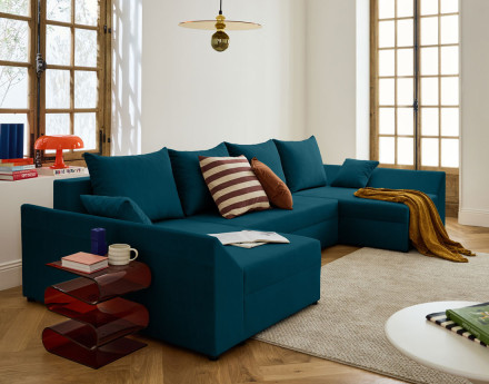 Canapé panoramique en U 7 places convertible avec coffre en velours Mike