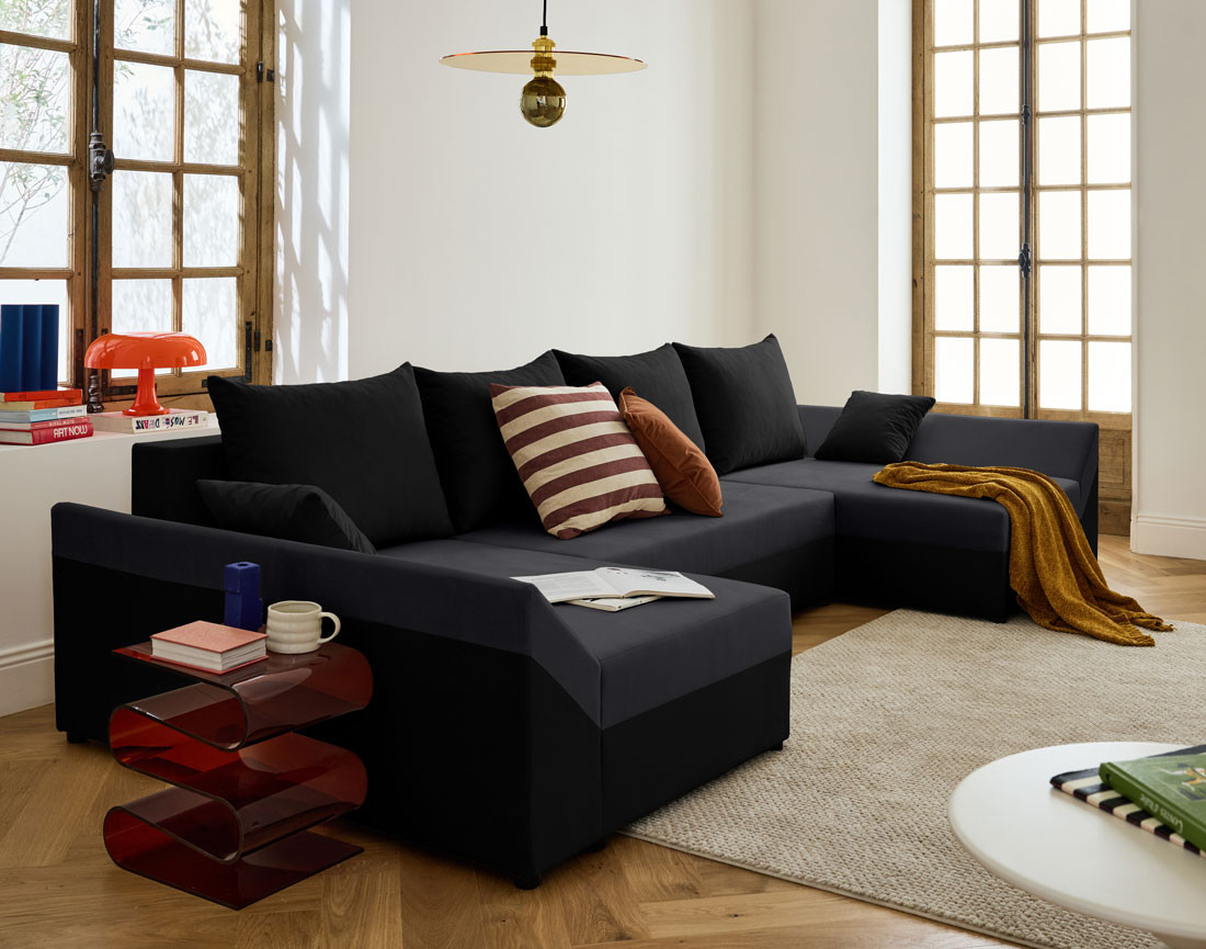 Canapé panoramique en U 7 places convertible avec coffre en velours Mike