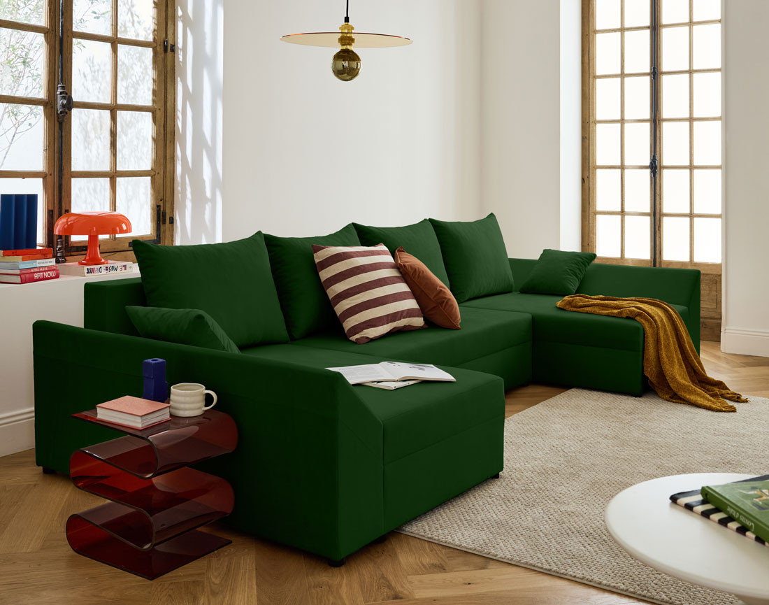 Canapé panoramique en U 7 places convertible avec coffre en velours Mike