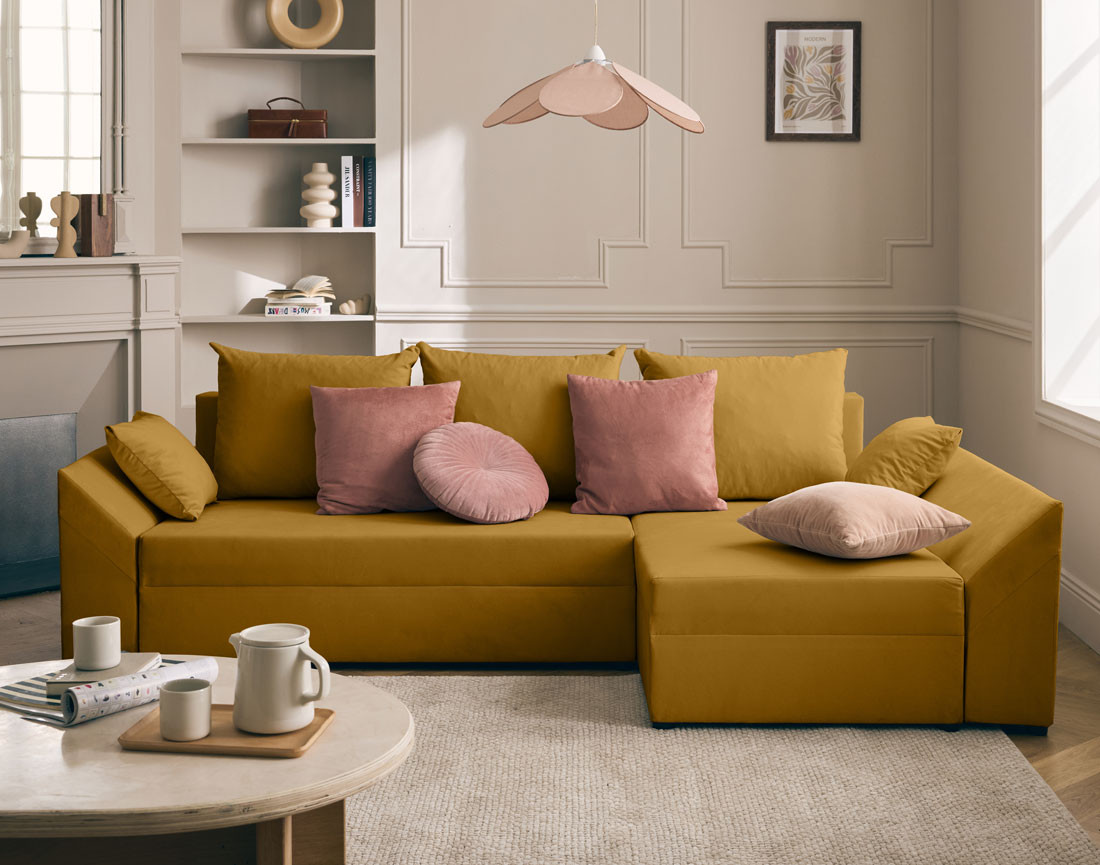 Canapé d'angle réversible 4 places convertible avec coffre en velours Mike