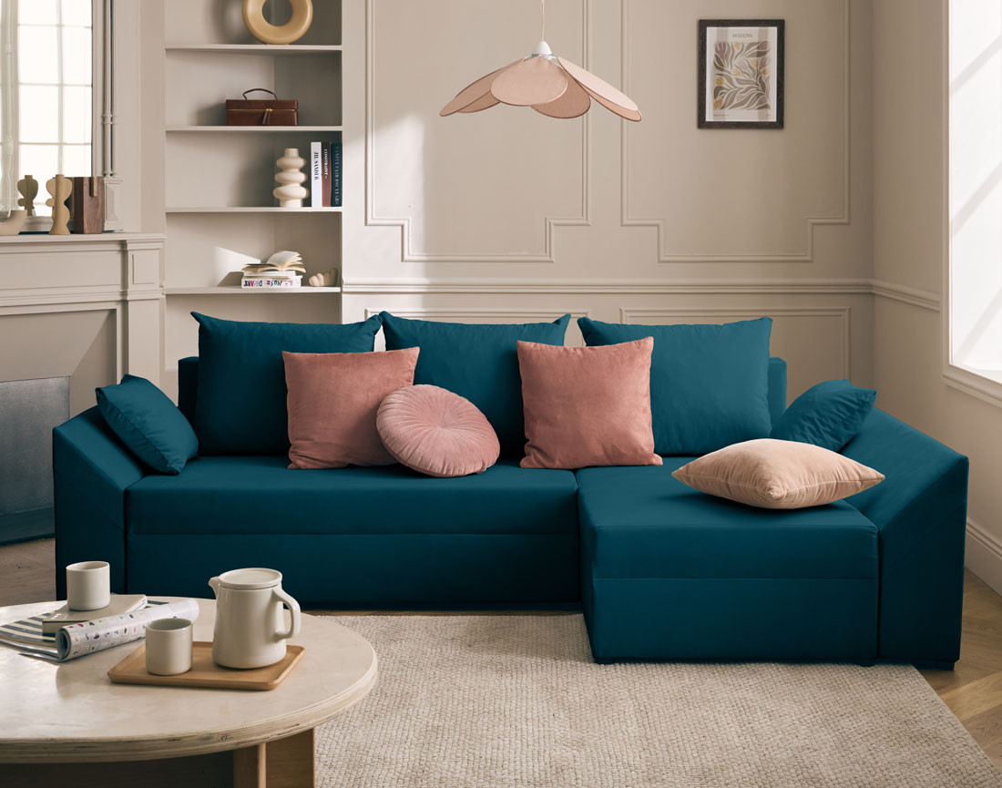 Canapé d'angle réversible 4 places convertible avec coffre en velours Mike