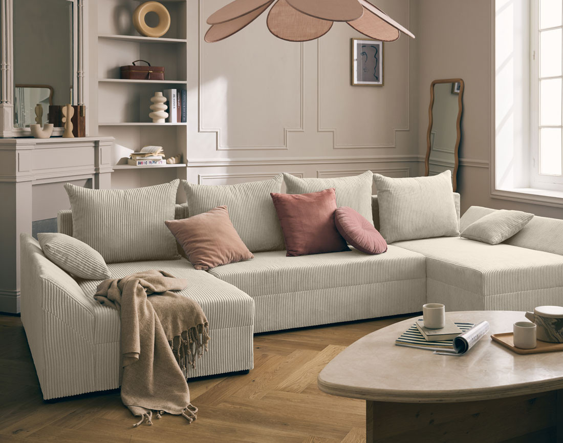 Canapé panoramique en U 7 places convertible avec coffre en velours côtelé Mike