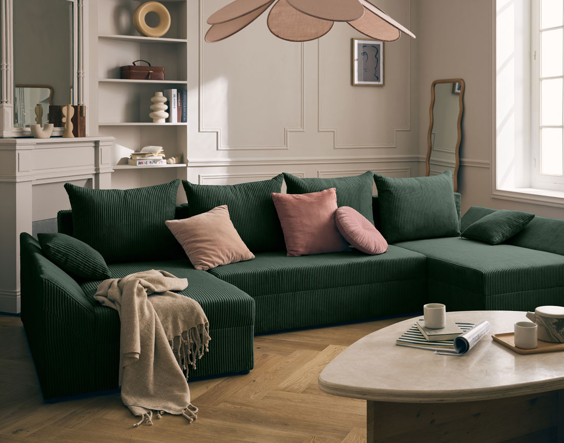 Canapé panoramique en U 7 places convertible avec coffre en velours côtelé Mike