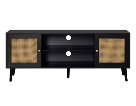 Meuble TV noir et cannage 2 portes et 2 niches 140 cm Goto