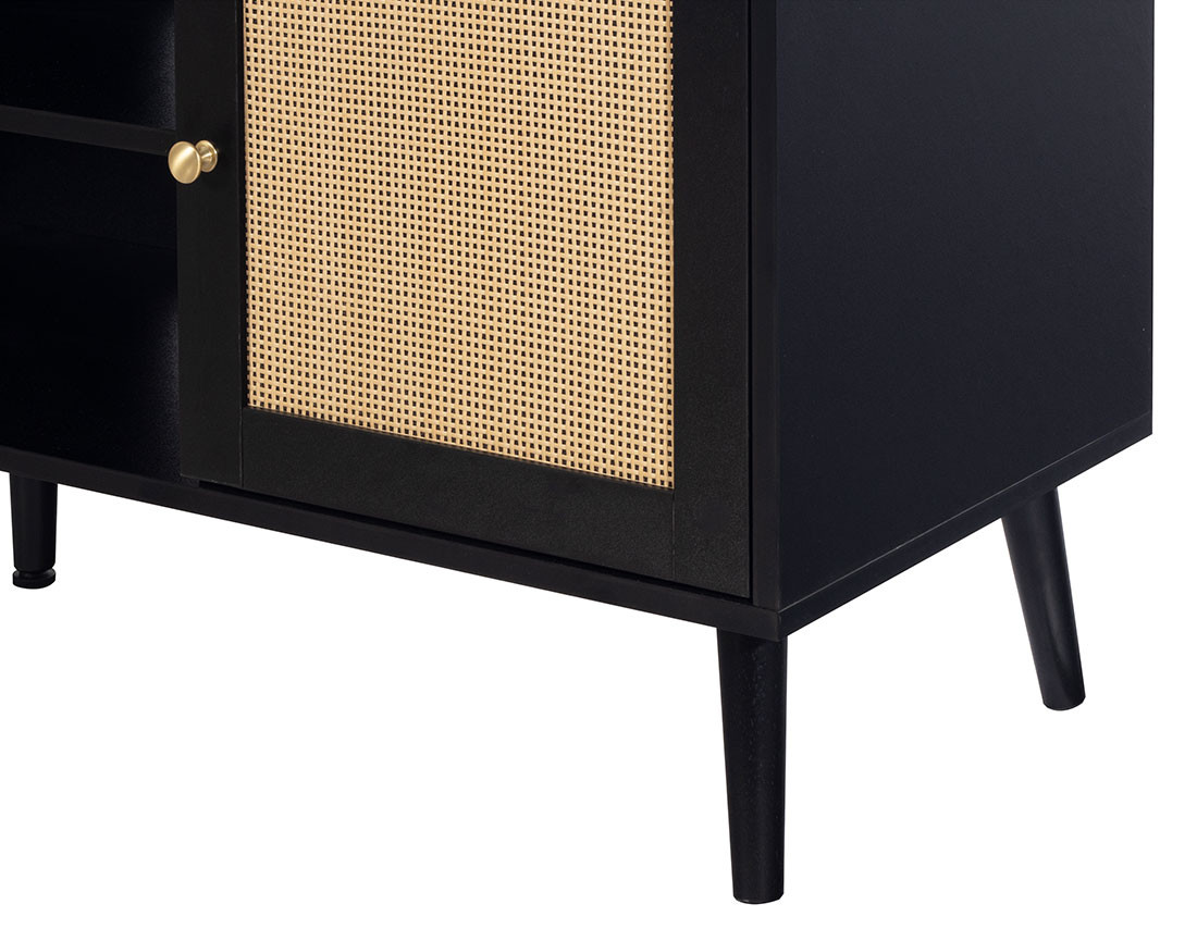 Meuble TV noir et cannage 2 portes et 2 niches 140 cm Goto