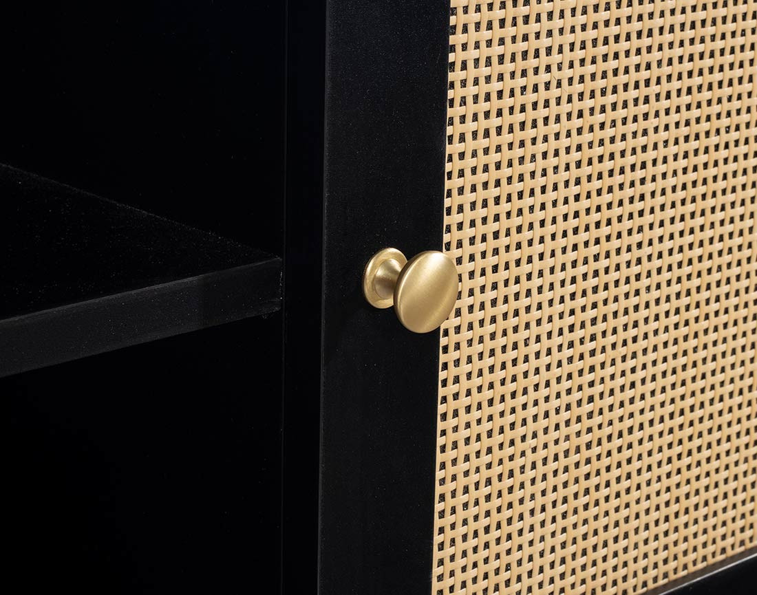 Meuble TV noir et cannage 2 portes et 2 niches 140 cm Goto