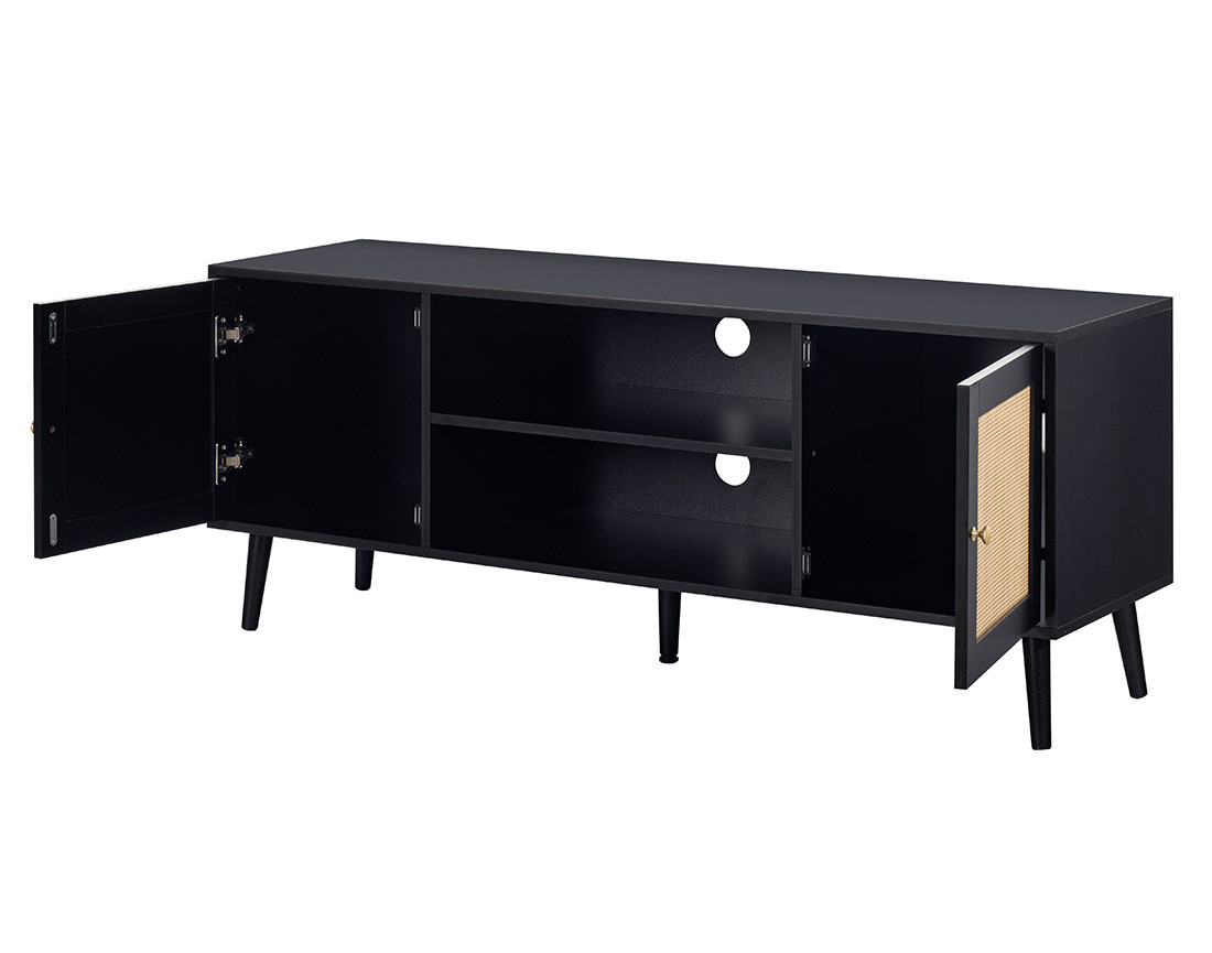 Meuble TV noir et cannage 2 portes et 2 niches 140 cm Goto