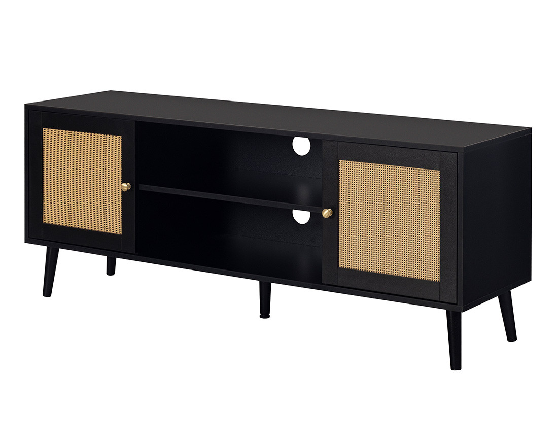 Meuble TV noir et cannage 2 portes et 2 niches 140 cm Goto