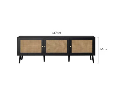 Meuble TV noir et cannage 3 portes 167 cm Goto