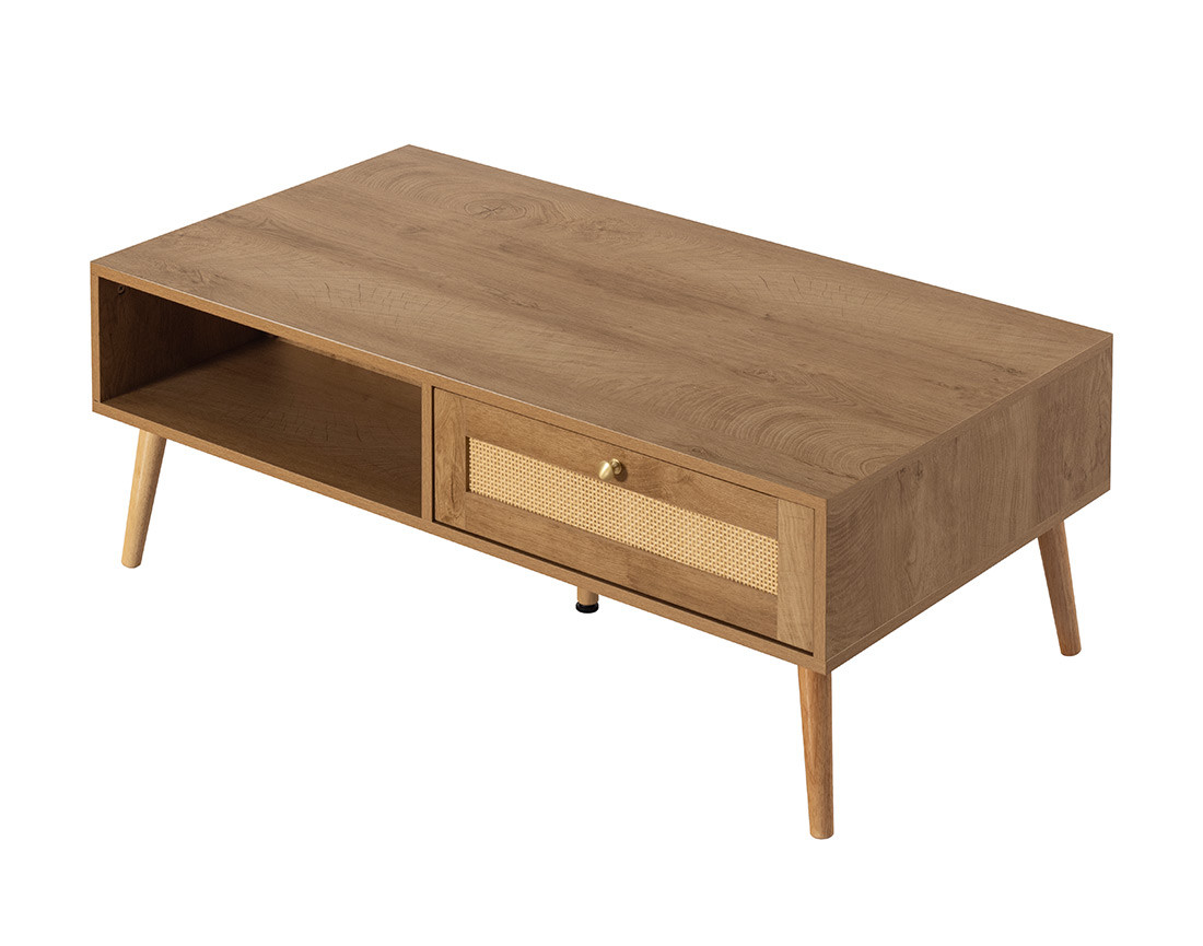 Table basse bois et cannage 1 tiroir et 1 niche 110 cm Goto