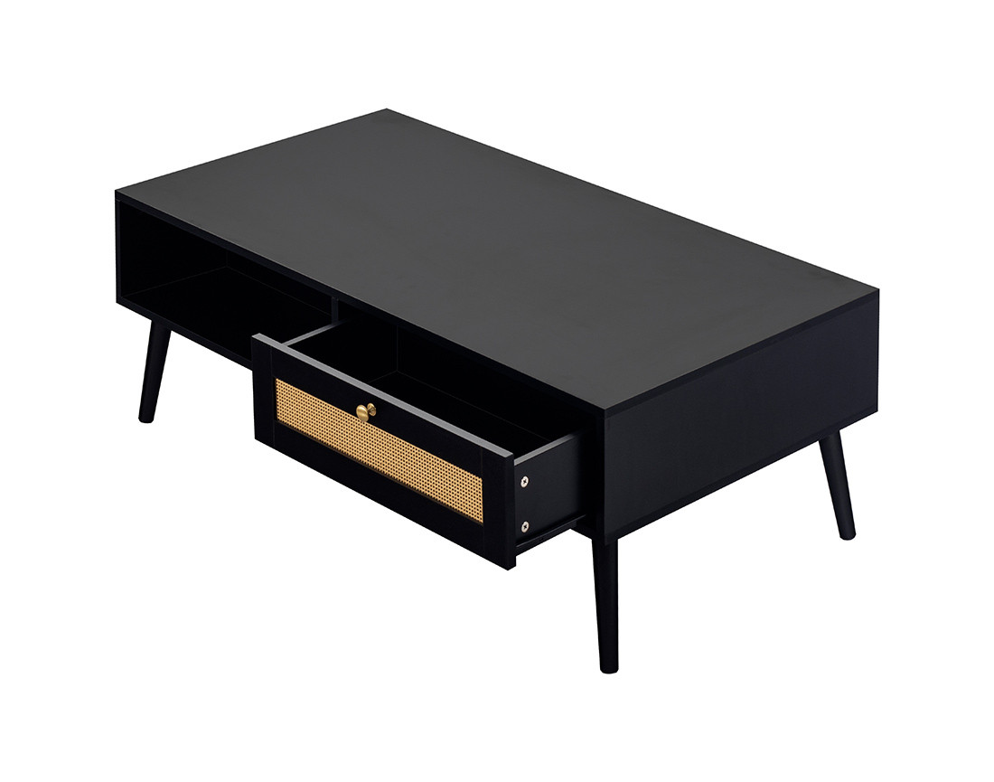 Table basse noir et cannage 1 tiroir et 1 niche 110 cm Goto