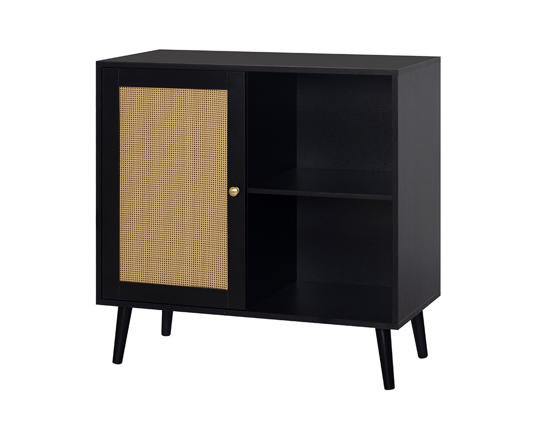 Buffet haut noir et cannage 2 niches et 1 porte 80 cm Goto