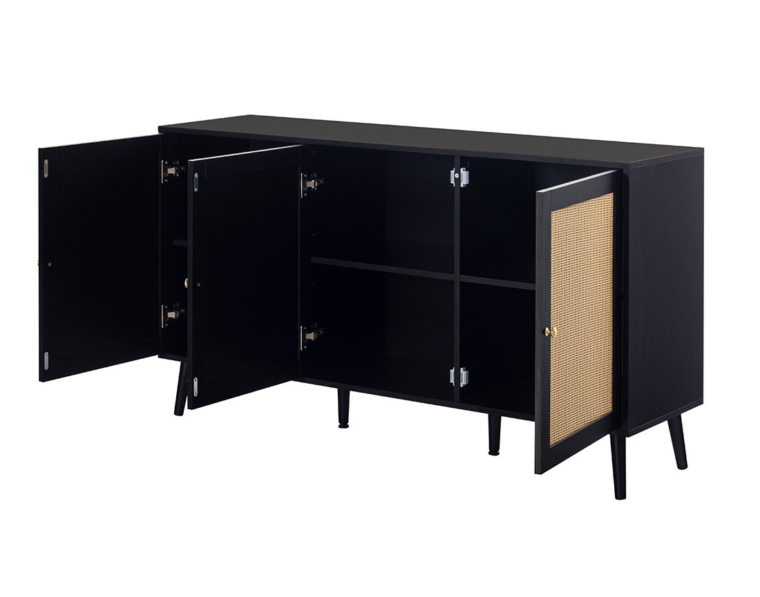 Buffet bas noir et cannage 3 portes 140 cm Goto