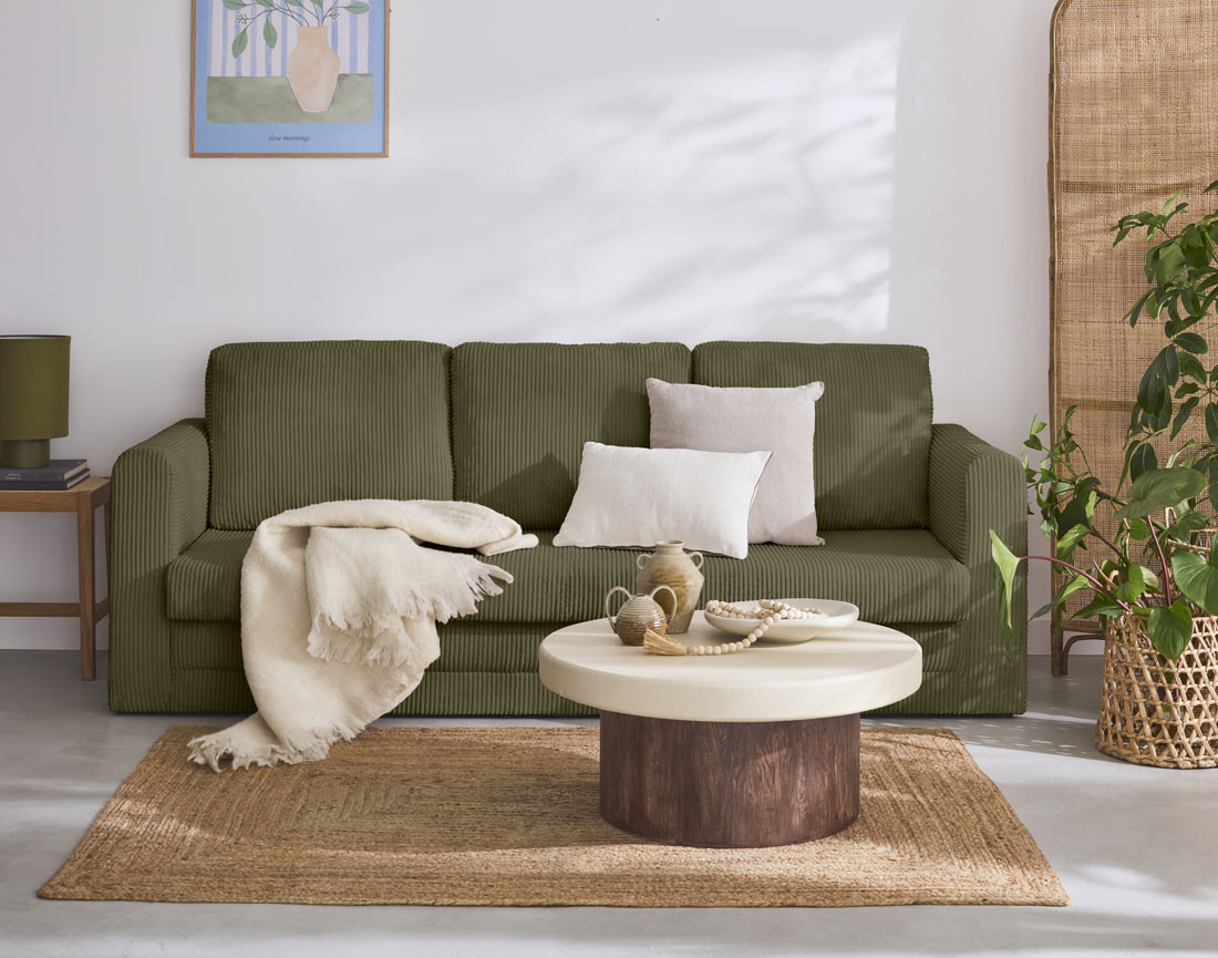 Canapé 3 places convertible déplimousse en velours côtelé Marilia