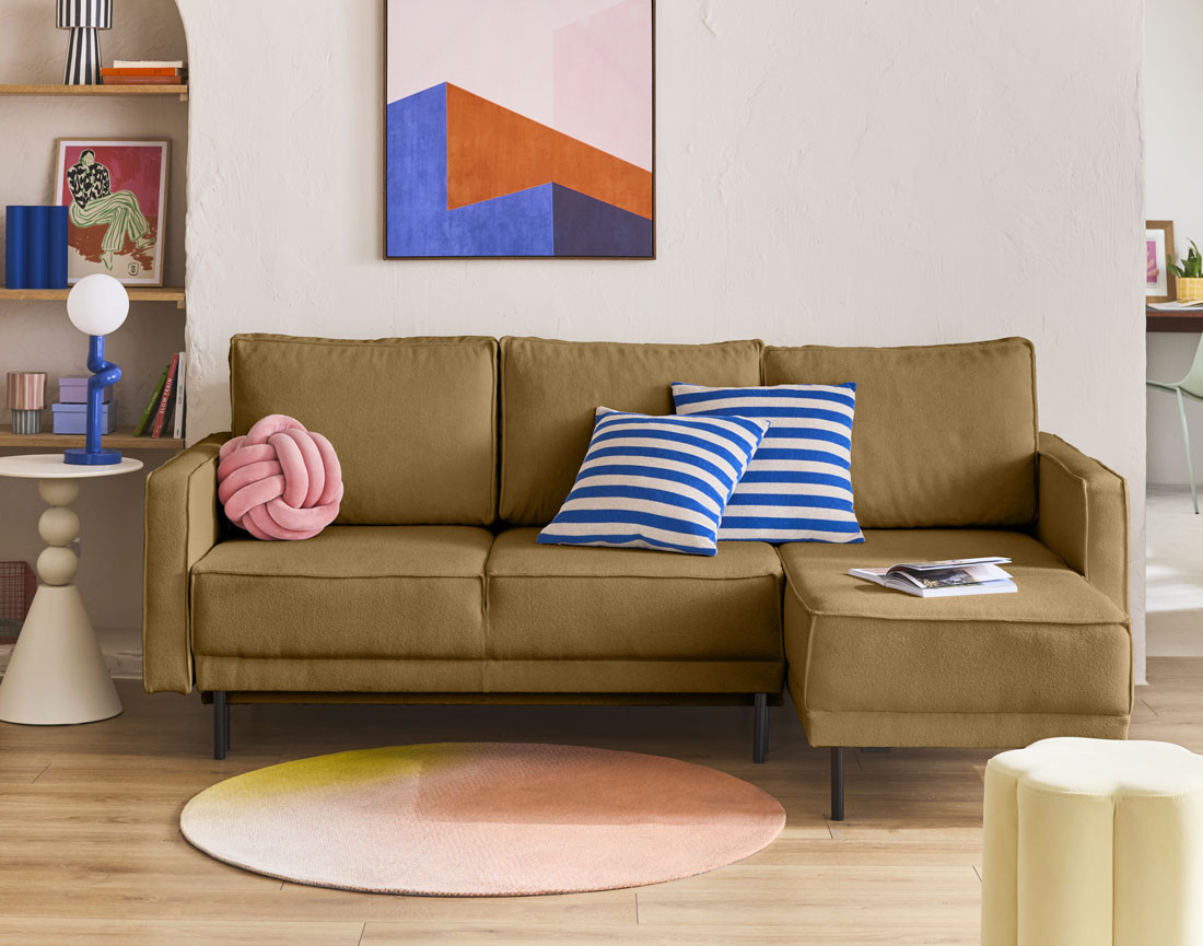 Canapé d'angle réversible convertible avec coffre en tissu Charlie