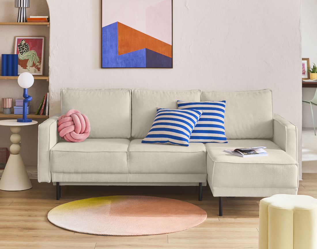 Canapé d'angle réversible convertible avec coffre en tissu Charlie Canapé d'angle réversible convertible avec coffre en tissu Charlie