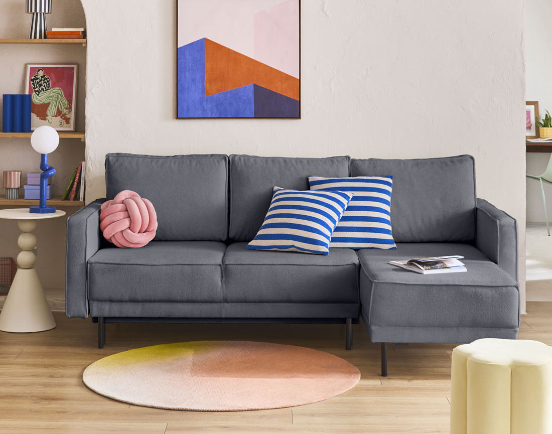 Canapé d'angle réversible convertible avec coffre en tissu Charlie Canapé d'angle réversible convertible avec coffre en tissu Charlie