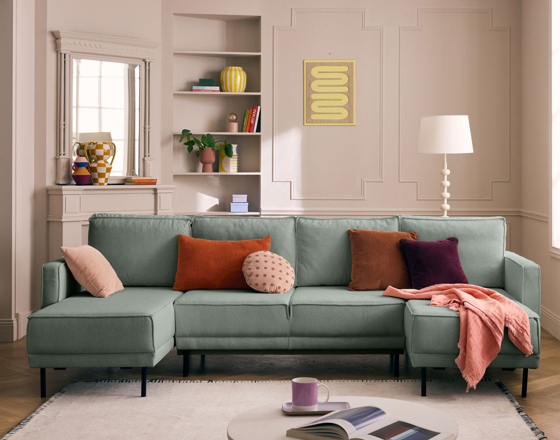 Canapé panoramique en U convertible avec coffre en tissu Charlie
