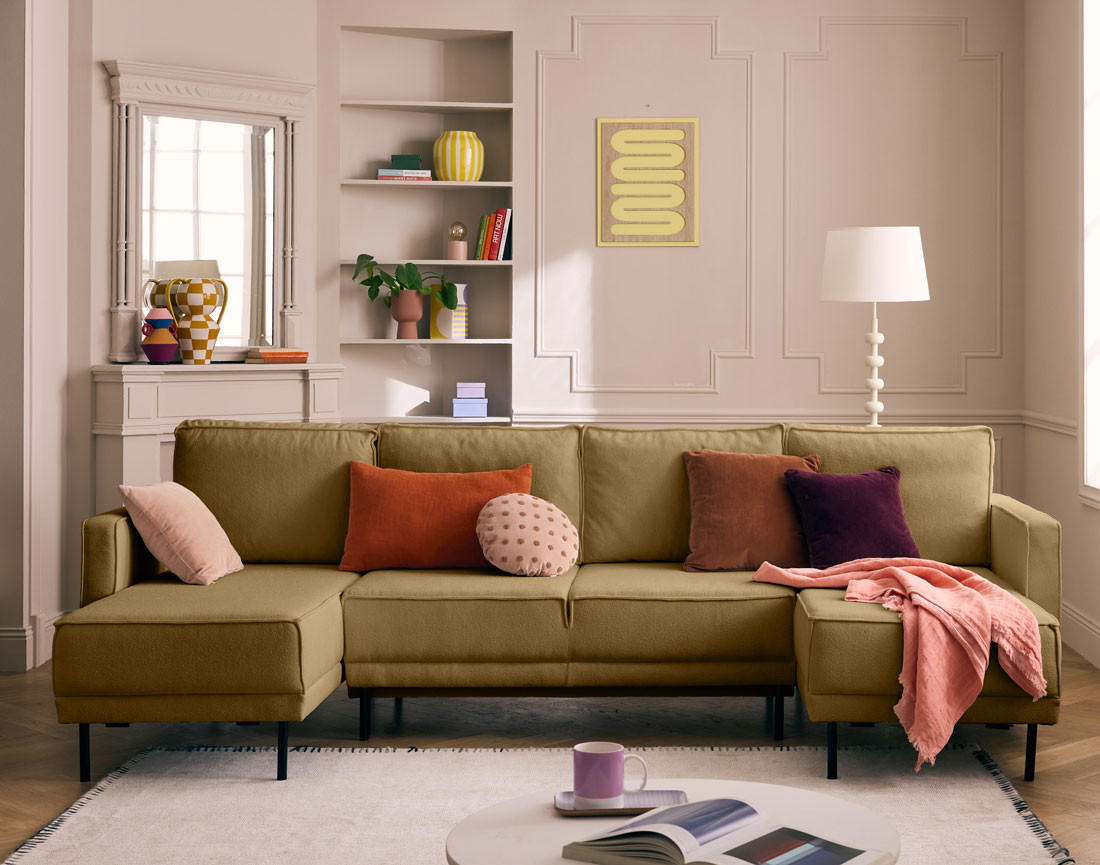 Canapé panoramique en U convertible avec coffre en tissu Charlie