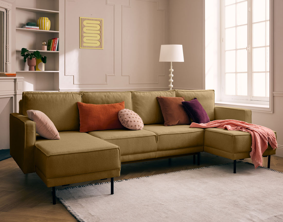 Canapé panoramique en U convertible avec coffre en tissu Charlie