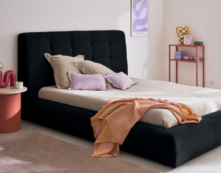 Lit coffre 140x190 cm en velours côtelé sommier inclus Onyx