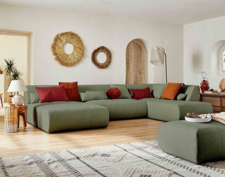 Canapé panoramique d'angle droit 7 places en tissu Onyx