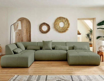 Canapé panoramique d'angle gauche 7 places en tissu Onyx