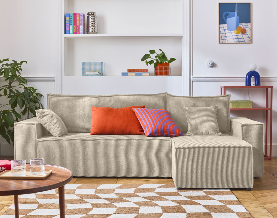 Canapé d'angle réversible 4 places - convertible avec coffre - en velours côtelé - Cezanne Canapé d'angle réversible 4 places - convertible avec coffre - en velours côtelé - Cezanne