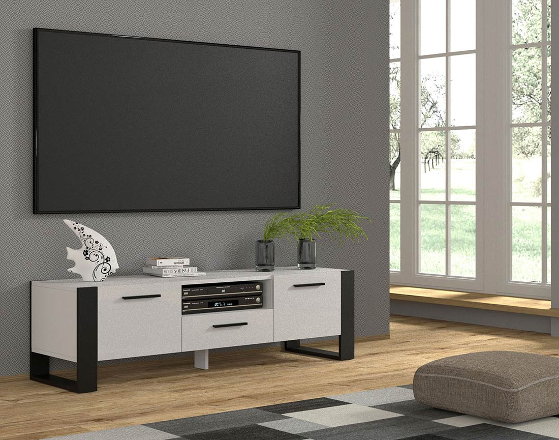 Meuble TV blanc et noir 2 portes, 1 tiroir et 1 niche 160 cm Donnely