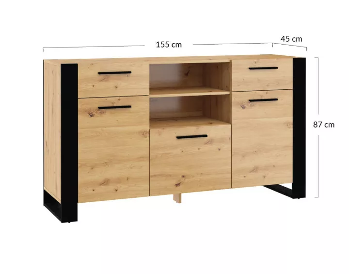 Buffet bas bois et noir 155 cm Donnely