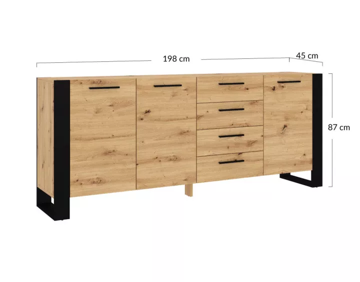 Buffet bas 4 tiroirs bois et noir 198 cm Donnely