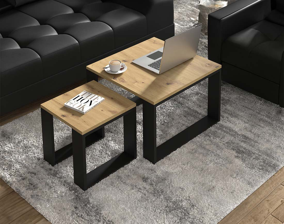 Lot de deux tables basses bois et noir 60 et 38 cm Donnely